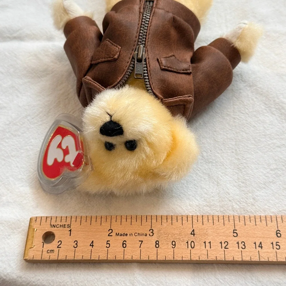 Ty Attic Treasures Baron Bear Aviator Bomber Jacket Tan Brown 8 inch Plush Toy